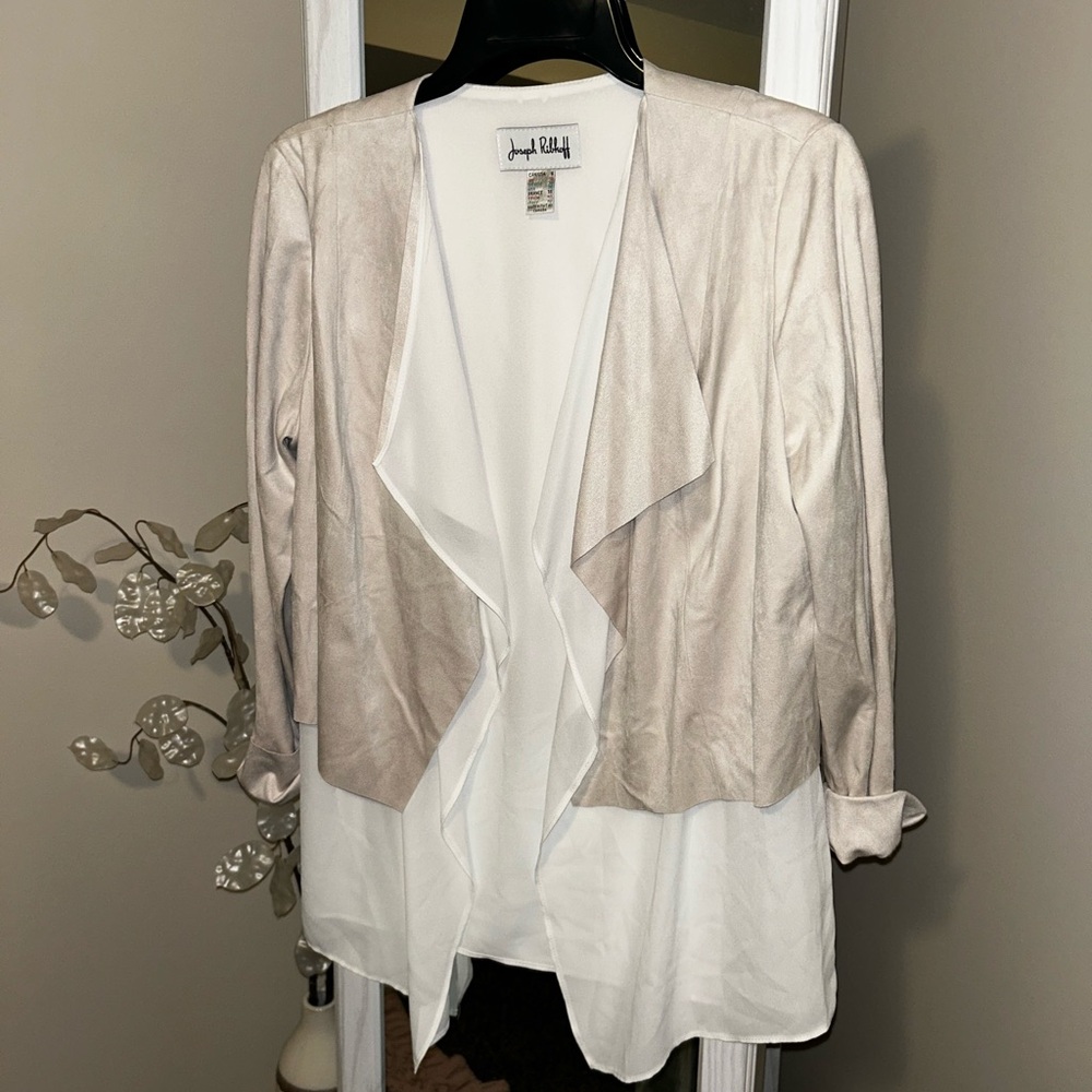 💜Joseph Ribkoff open faux suede waterfall cardigan cream top size 8